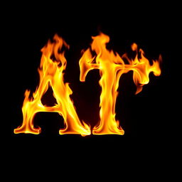 A and T letters in flames, positioned closely together, set against a black background