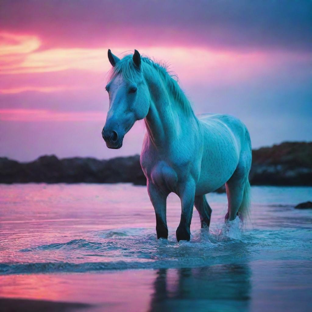 An ethereal scene of a horse at the ocean floor bathed in neon colors, amidst a lively aquatic landscape