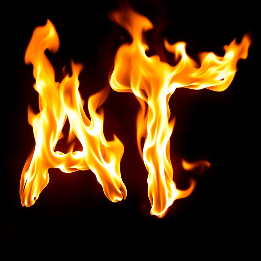 A and T letters in flames, positioned closely together, set against a black background