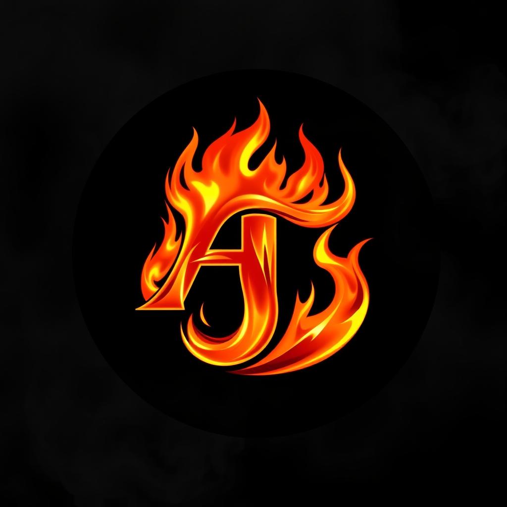 a circle containing a logo that forms the letters A and T intertwined in a design, both engulfed in vibrant flames, with fiery details highlighting the curves and angles of the letters, set against a contrasting smoky background that enhances the intensity of the flames