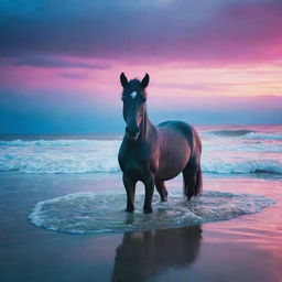 An ethereal scene of a horse at the ocean floor bathed in neon colors, amidst a lively aquatic landscape