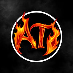 a circle containing a logo that forms the letters A and T intertwined in a design, both engulfed in vibrant flames, with fiery details highlighting the curves and angles of the letters, set against a contrasting smoky background that enhances the intensity of the flames