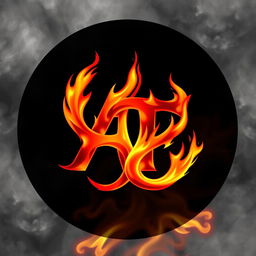 a circle containing a logo that forms the letters A and T intertwined in a design, both engulfed in vibrant flames, with fiery details highlighting the curves and angles of the letters, set against a contrasting smoky background that enhances the intensity of the flames