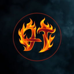 a circle containing a logo that forms the letters A and T intertwined in a design, both engulfed in vibrant flames, with fiery details highlighting the curves and angles of the letters, set against a contrasting smoky background that enhances the intensity of the flames
