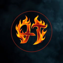 a circle containing a logo that forms the letters A and T intertwined in a design, both engulfed in vibrant flames, with fiery details highlighting the curves and angles of the letters, set against a contrasting smoky background that enhances the intensity of the flames