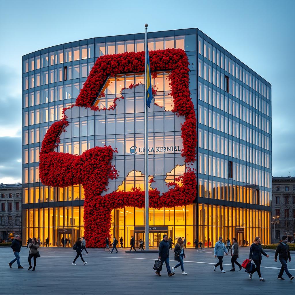 An office building designed in a rectangular or cubic shape with a multi-story deep indentation on its facade, artistically forming the contours of the map of Ukraine