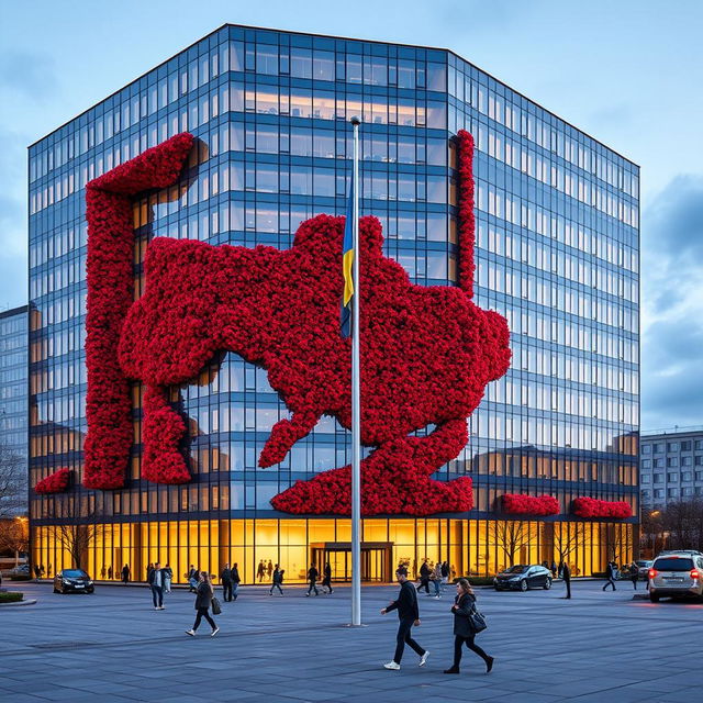 An office building designed in a rectangular or cubic shape with a multi-story deep indentation on its facade, artistically forming the contours of the map of Ukraine