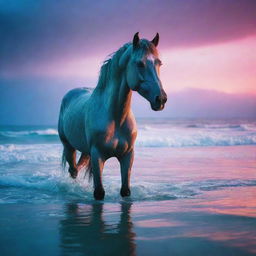 An ethereal scene of a horse at the ocean floor bathed in neon colors, amidst a lively aquatic landscape