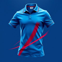 A dynamic and energetic polo t-shirt design in a vibrant blue color, accented by a striking red line