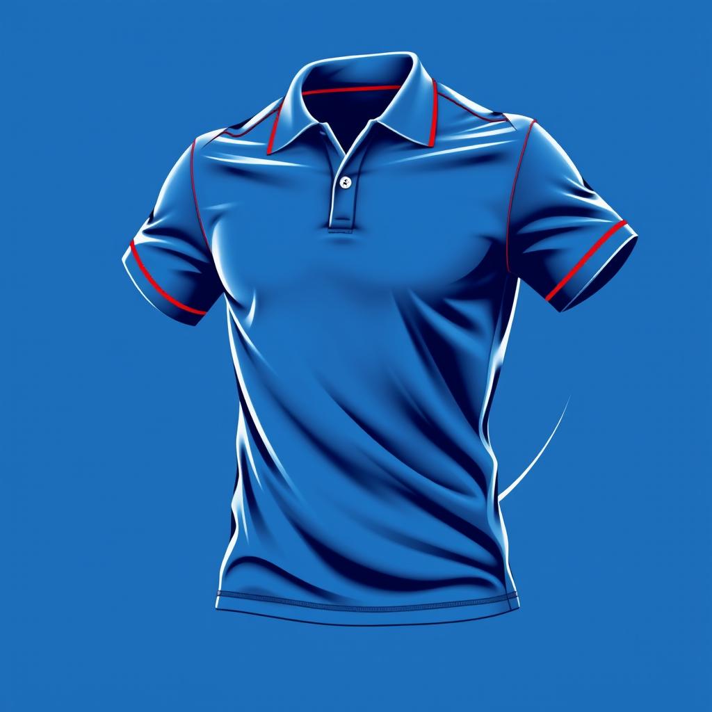 A dynamic and energetic polo t-shirt design in a vibrant blue color, accented by a striking red line