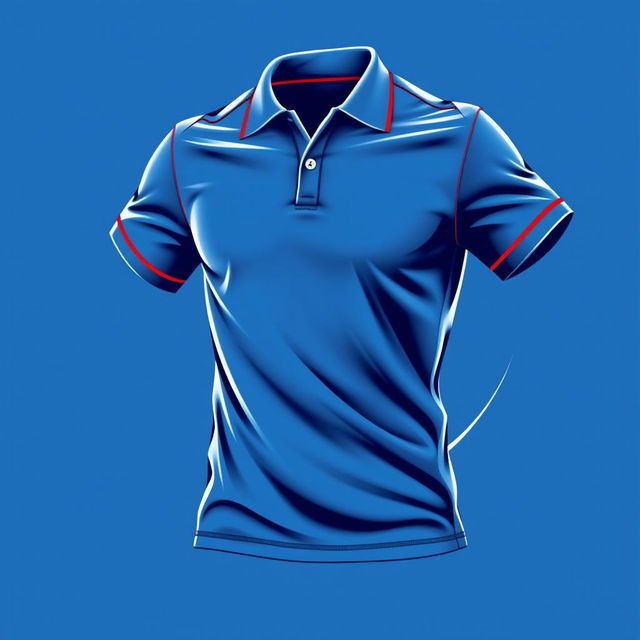 A dynamic and energetic polo t-shirt design in a vibrant blue color, accented by a striking red line