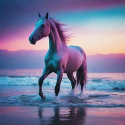 An ethereal scene of a horse at the ocean floor bathed in neon colors, amidst a lively aquatic landscape