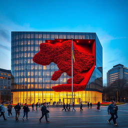 An office building with a rectangular or cubic shape, featuring a multi-story deep indentation that extends 10 meters into the building, sculpted to resemble the contours of the map of Ukraine