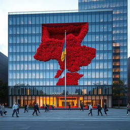 An office building with a rectangular or cubic shape, featuring a multi-story deep indentation that extends 10 meters into the building, sculpted to resemble the contours of the map of Ukraine