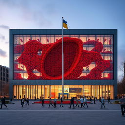 An office building with a rectangular or cubic shape, featuring a multi-story deep indentation that extends 10 meters into the building, sculpted to resemble the contours of the map of Ukraine