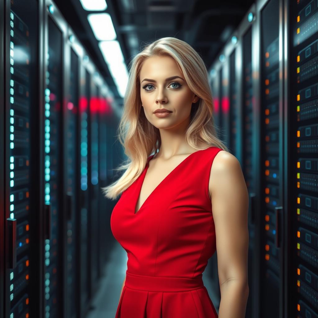 A confident blonde woman in a stylish red dress, standing in a high-tech server room