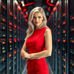 A confident blonde woman in a stylish red dress, standing in a high-tech server room