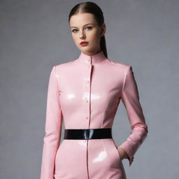 A stylish image of a girl completely adorned in a tailored latex ensemble that emphasizes fashion-forward attitudes.