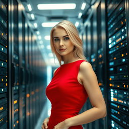 A confident blonde woman in a stylish red dress, standing in a high-tech server room