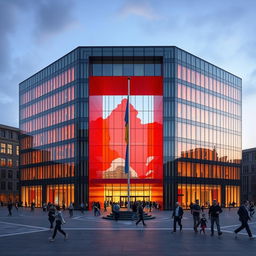 A modern office building crafted in a rectangular or cubic shape, featuring a multi-story deep opening that spans the entire depth of the building