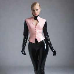 A stylish image of a girl completely adorned in a tailored latex ensemble that emphasizes fashion-forward attitudes.