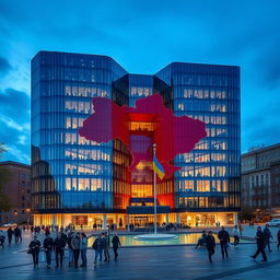 A modern office building in a rectangular or cubic shape, featuring a multi-story opening that pierces entirely through the depth of the building