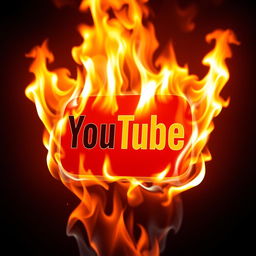 a flaming YouTube logo engulfed in bright, vibrant flames, with a dynamic and intense feel, fire reflecting on and around the logo, creating a dramatic and eye-catching effect