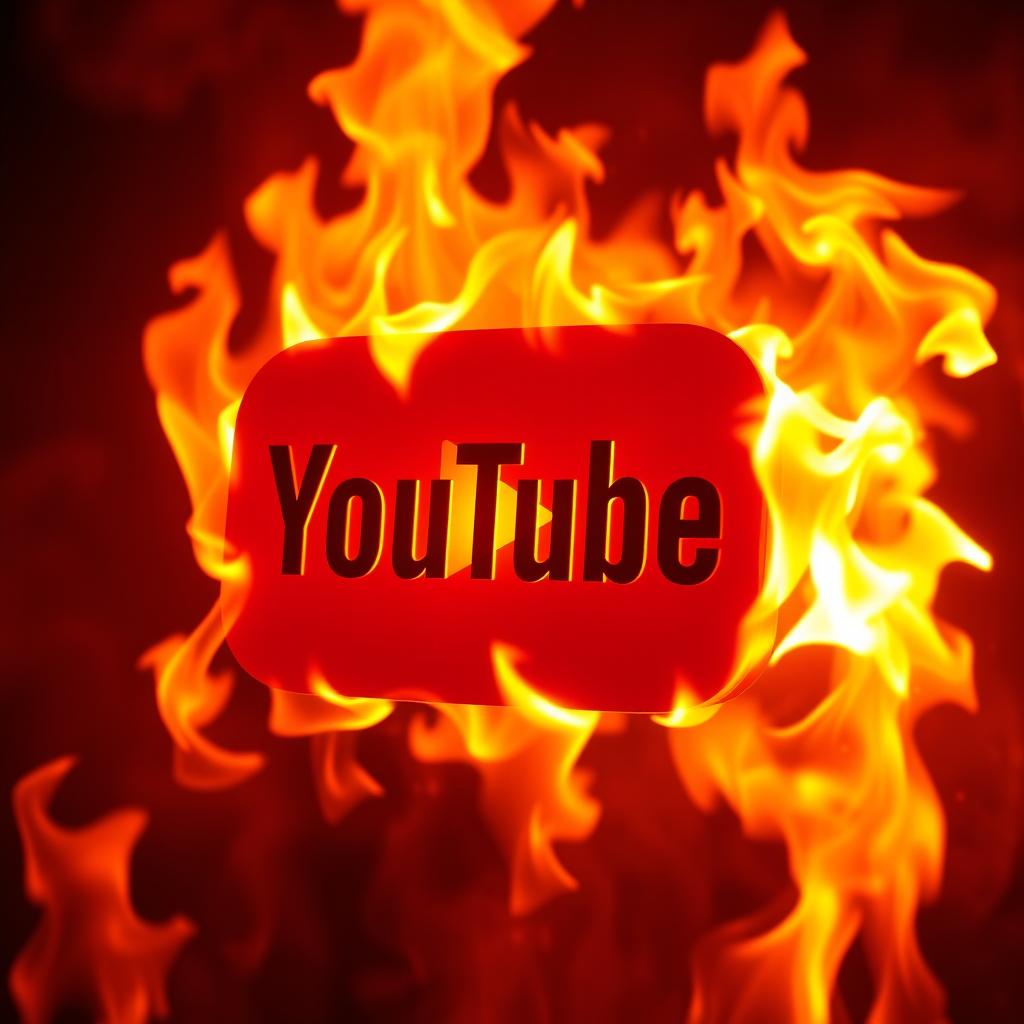 a flaming YouTube logo engulfed in bright, vibrant flames, with a dynamic and intense feel, fire reflecting on and around the logo, creating a dramatic and eye-catching effect