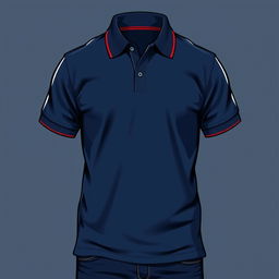 A rugged and energetic polo t-shirt design in a classic navy blue color, accented by a bold red line