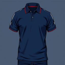 A rugged and energetic polo t-shirt design in a classic navy blue color, accented by a bold red line