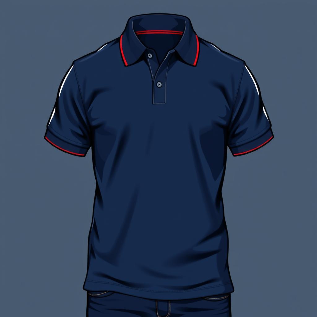A rugged and energetic polo t-shirt design in a classic navy blue color, accented by a bold red line