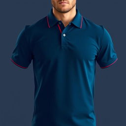 A rugged and energetic polo t-shirt design in a classic navy blue color, accented by a bold red line