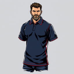 A rugged and energetic polo t-shirt design in a classic navy blue color, accented by a bold red line