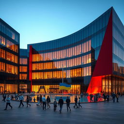 An office building in the shape of a cube, featuring a multi-story deep opening that extends through the entire depth of the building, shaped like the map of Ukraine