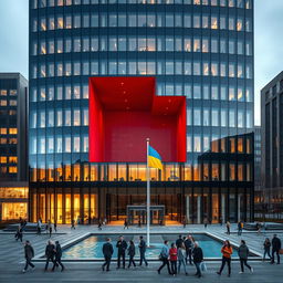 An office building in the shape of a cube, featuring a multi-story deep opening that extends through the entire depth of the building, shaped like the map of Ukraine