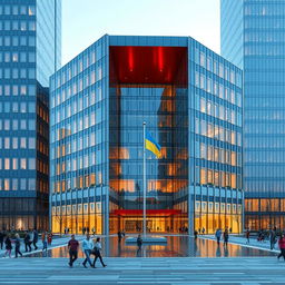 An office building in the shape of a cube, featuring a multi-story deep opening that extends through the entire depth of the building, shaped like the map of Ukraine