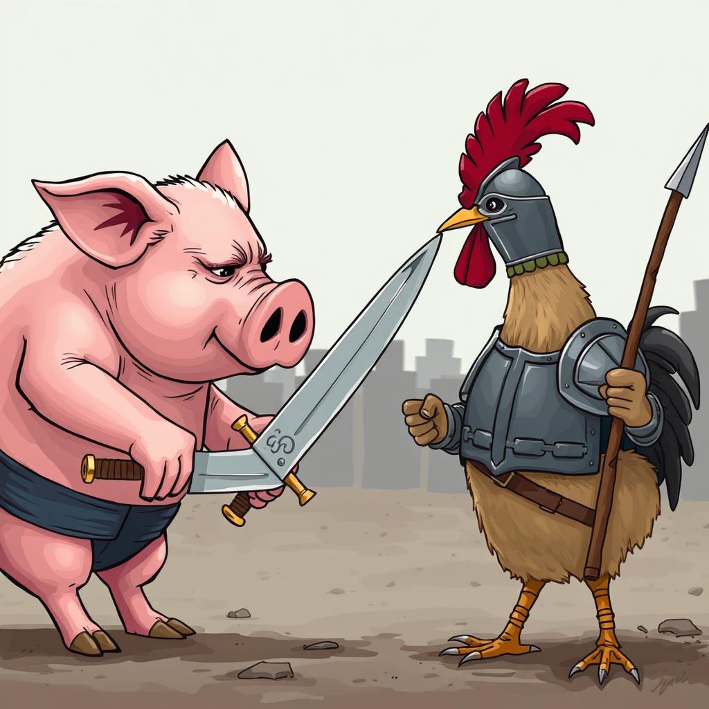 A dramatic confrontation between a pig and a chicken