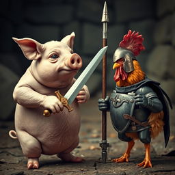 A dramatic confrontation between a pig and a chicken