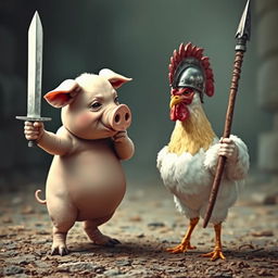 A dramatic confrontation between a pig and a chicken