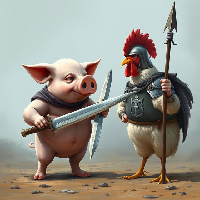 A dramatic confrontation between a pig and a chicken