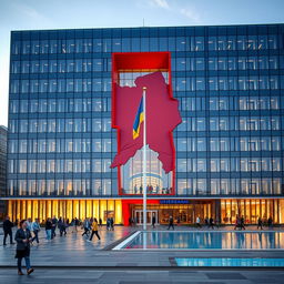 An office building with a modern glass facade, featuring a dramatic multi-story opening that cuts entirely through the structure, showcasing the shape of Ukraine's map