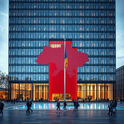 An office building with a modern glass facade, featuring a dramatic multi-story opening that cuts entirely through the structure, showcasing the shape of Ukraine's map