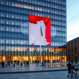 An office building with a modern glass facade, featuring a dramatic multi-story opening that cuts entirely through the structure, showcasing the shape of Ukraine's map