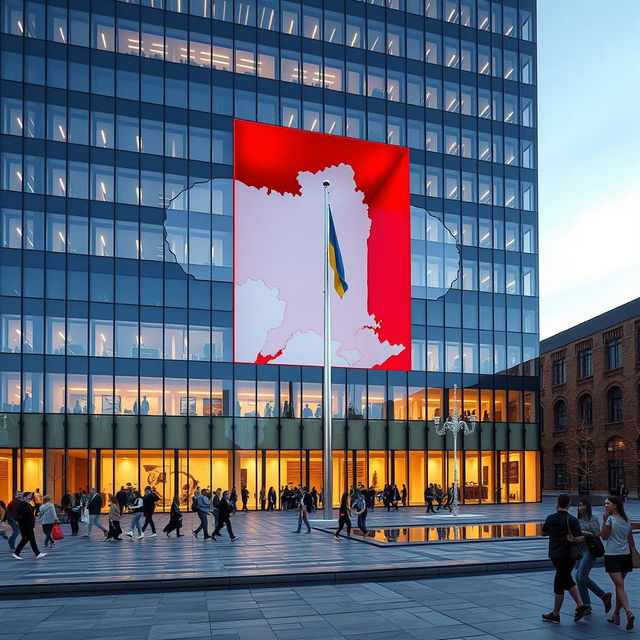 An office building with a modern glass facade, featuring a dramatic multi-story opening that cuts entirely through the structure, showcasing the shape of Ukraine's map