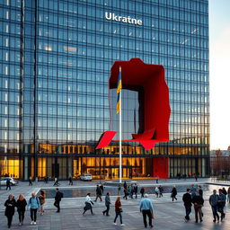 An office building with a modern glass facade, featuring a dramatic multi-story opening that cuts entirely through the structure, showcasing the shape of Ukraine's map