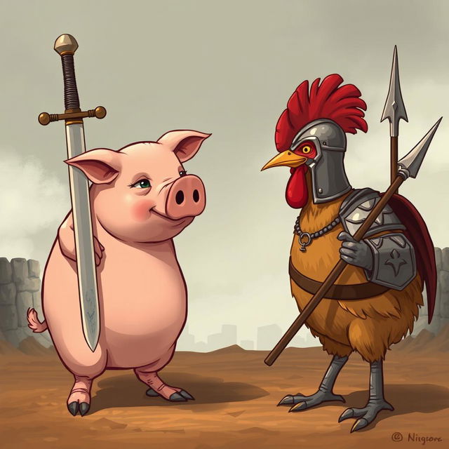 A dramatic confrontation between a pig and a chicken, where the pig is taller than the chicken