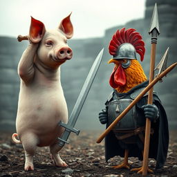 A dramatic confrontation between a pig and a chicken, where the pig is taller than the chicken