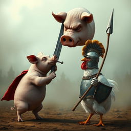 A dramatic confrontation between a pig and a chicken, where the pig is taller than the chicken