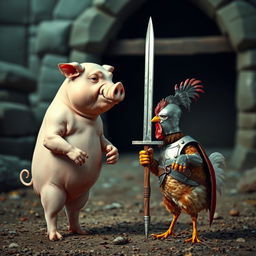 A dramatic confrontation between a pig and a chicken, where the pig is taller than the chicken