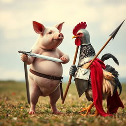 A whimsical confrontation between a pig and a chicken, where the pig is slightly taller than the chicken